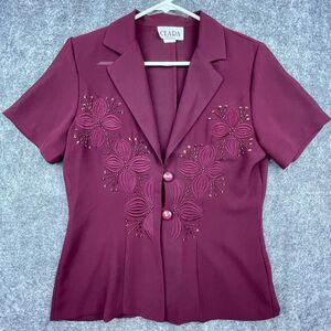 Vintage Clara Shirt Womens Medium Wine Blouse Sheer Beaded Embroidered Flowers